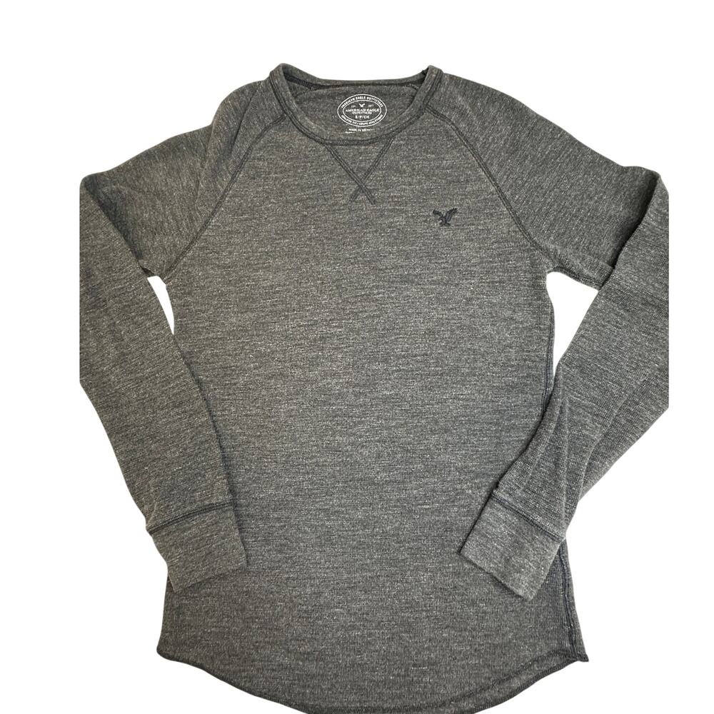 American Eagle Thermal Shirt Small Waffle Knit Athletic Fit Gray Raglan